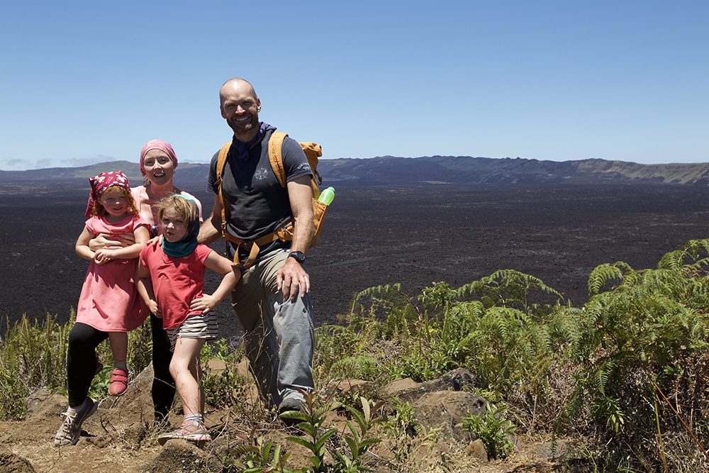 The Halls Family in front of Sierra Negra's caldera - the second largest volcanic crater in the world © Seadog TV & Film Productions