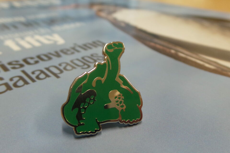 The giant tortoise pin badge you will receive when you join Galapagos Conservation Trust