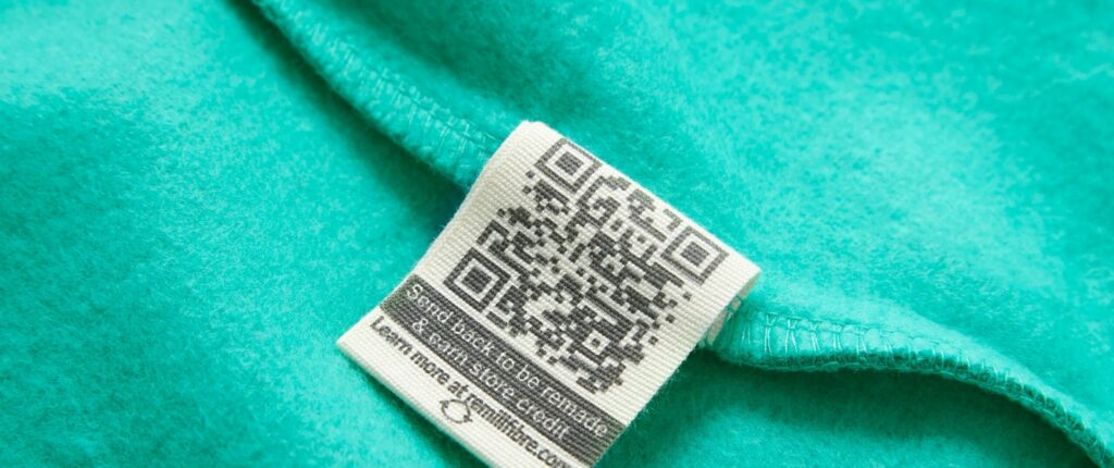Close-up of the label on one of our recyclable shirts