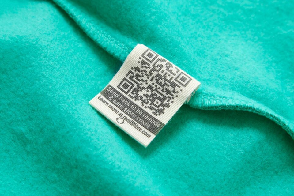 Close-up of the label on one of our recyclable shirts