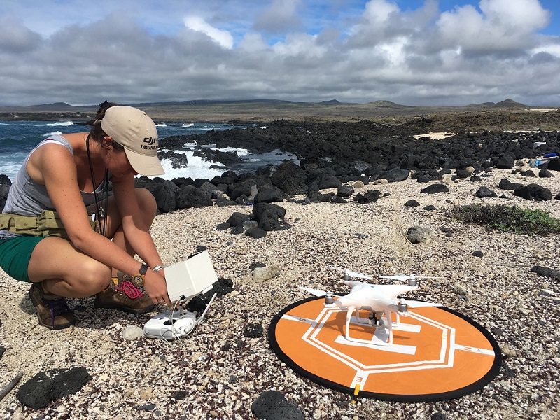 A drone pilot on a rocky beach in Galapagos checking the controls of drone, which is currently landed on a orange mat.