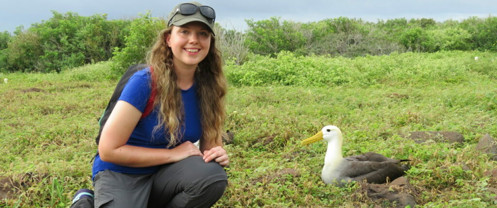 Jen Jones with a waved albatross in Galapagos