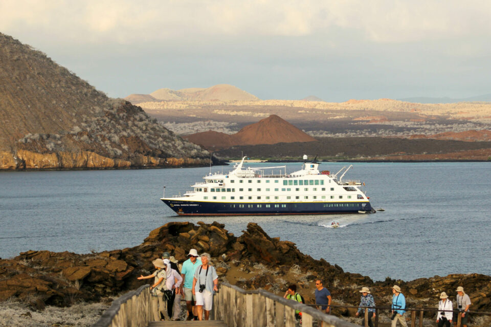 Tourists coming ashore from Lindblad cruise ship on Bartolome, Galapagos National Park